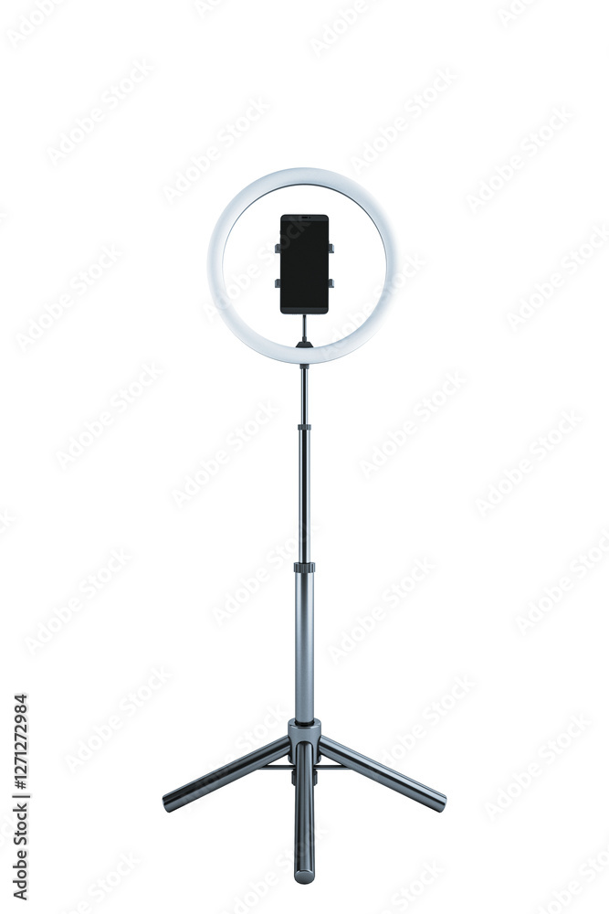 Poster ring light with smartphone holder on tripod stand, isolated on white background. ideal for content c