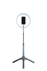 Ring light with smartphone holder on tripod stand, isolated on white background. Ideal for content...