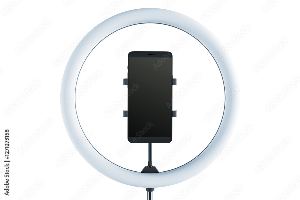 Poster ring light with a smartphone holder, isolated on a white background. ideal for content creators and 