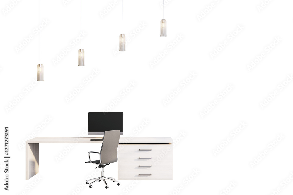 Aufkleber minimalist workspace with sleek furniture and elegant lighting, isolated on white background. clean 