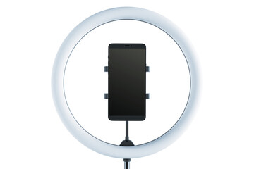 Ring light with a smartphone holder, isolated on a white background. Ideal for content creators and...