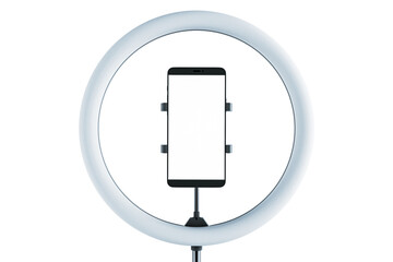 Ring light with smartphone holder, centered on a white background. Concept of professional lighting for content creation and graphy. 3D Rendering.
