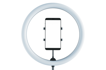 Ring light with smartphone holder, centered on a white background. Concept of professional lighting for content creation and graphy. 3D Rendering.