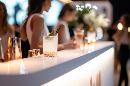 Stylish bar setting with refreshing cocktail and elegant guests