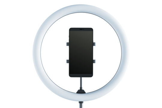 Ring light with a smartphone holder, isolated on a white background. Ideal for content creators and live streaming setups. 3D Rendering.
