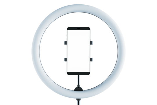 Ring light with smartphone holder, centered on a white background. Concept of professional lighting for content creation and graphy. 3D Rendering.