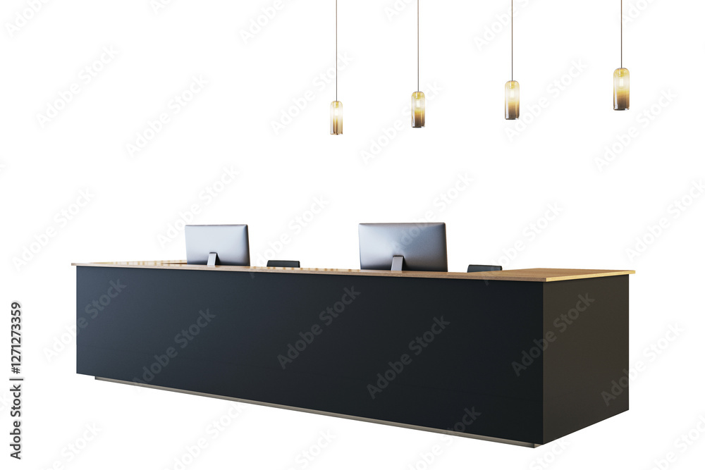 Poster reception desk with black front and wooden top, two computer monitors, and pendant lights, isolated 