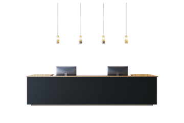 Reception desk with two computers and pendant lights, modern style, isolated on white background, concept of office or hotel front desk. 3D Rendering.