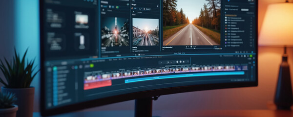 Close-up of curved monitor screen displaying photo video editing process with modern software interface. Digital montage, film production, media content creation. Freelancer studio table with pro