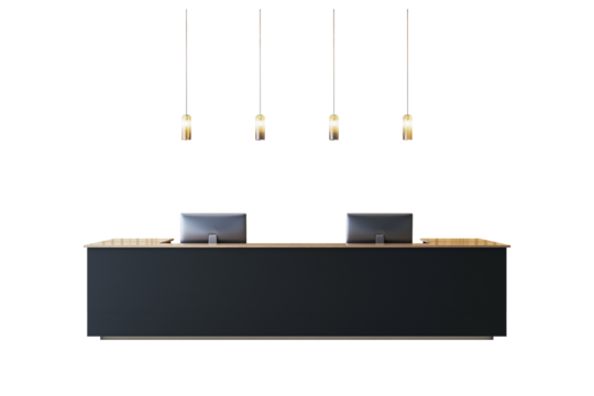 Reception desk with two computers and pendant lights, modern style, isolated on white background, concept of office or hotel front desk. 3D Rendering.