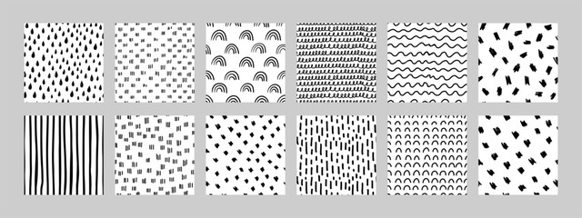 Black and white hand drawn pattern collection with playful designs like raindrops, dots, spirals, and waves. Great for packaging, stationery, backgrounds, or textile projects. Vector illustration © Viktoriia