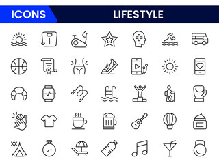 Lifestyle icon set. Containing healthy lifestyle, diet, exercise, sleep, relationships, running, routine, self-care, culture and hobbies icons.