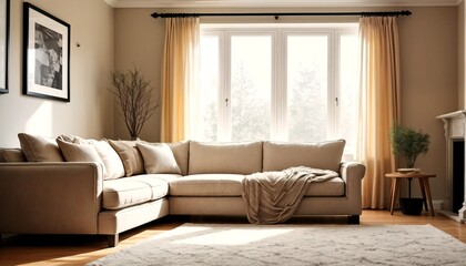 Fototapeta premium A living room with a couch and window.