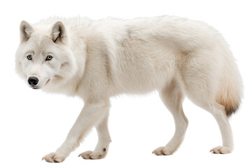 A majestic Arctic wolf with thick white fur and piercing blue eyes moves gracefully against a white background.