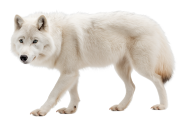 A majestic Arctic wolf with thick white fur and piercing blue eyes moves gracefully against a white background.