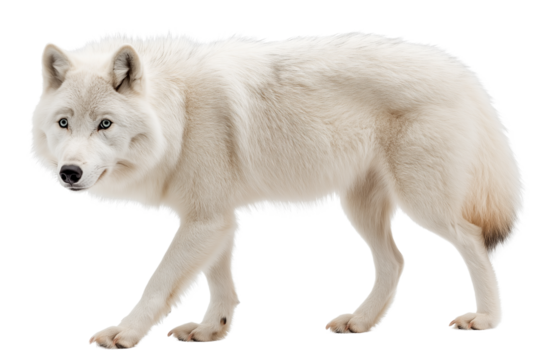 A majestic Arctic wolf with thick white fur and piercing blue eyes moves gracefully against a white background.