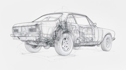 Classic Car Sketch in Black and White Dots on White Background