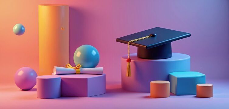 Graduation cap, diploma with ribbon on abstract colorful geometric podiums stage. Modern 3D render for e-learning, school, academy, university promo, celebration, degree. Education concept on trendy