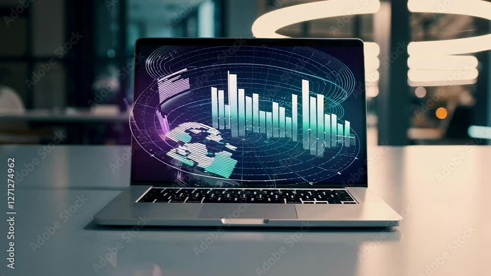 Poster financial growth infographic visualizing strategic data analysis progressing on laptop screen within