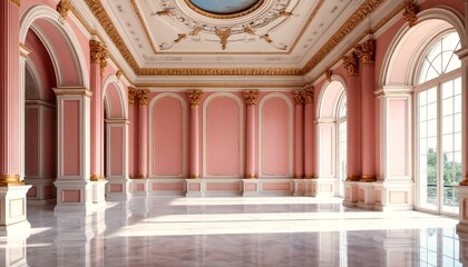 Fototapeta premium interior of an opulent room with pink walls, white marble floors, and gold accents.