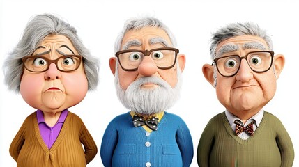 Three Expressive Cartoon Senior Citizens in Textured Clothing Against White Background