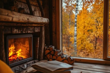 Cozy cabin fireplace with autumn forest view through window