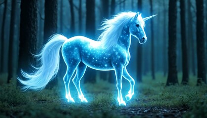 Naklejka premium A unicorn with glowing blue fur and a long white tail prances through a forest.