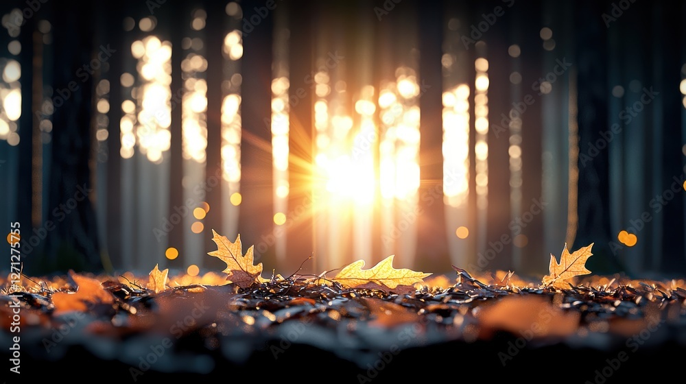 Wall mural golden sunlight streaming through a forest canopy, creating a dappled pattern on the forest floor an