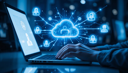 Fototapeta premium Person Typing on Laptop Displaying Cloud Network with User Icons in Blue Lighting