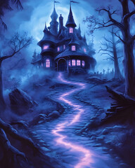 Mystical castle, moonlit path, graveyard, Halloween