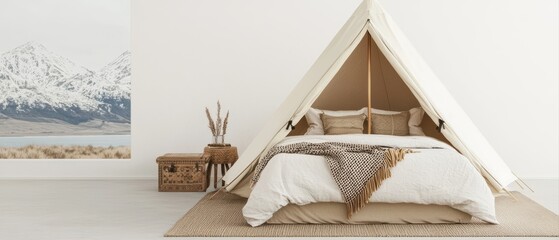 A cozy tent-style bedroom featuring a minimalist design, neutral colors, and natural textures, perfect for a serene retreat.