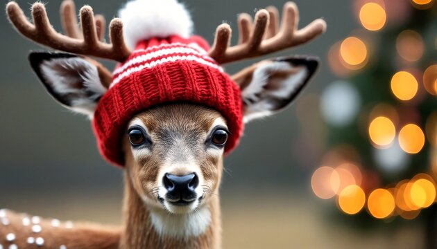 A close-up of a deer wearing a red knit hat with a white pompom and antlers.