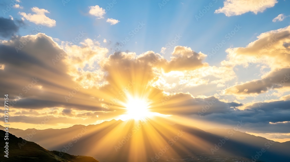 Poster Stunning sunset view with rays of light breaking through clouds over majestic mountains creating a serene landscape : Generative AI