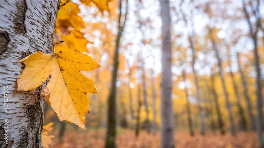 Poster stunning autumn leaves on a birch tree with blurred forest backdrop in golden hues : generative ai