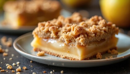 Pear crumble bar with crumb topping served on plate. Sweet dessert includes fruit filling. Homemade pastry pie slice features fresh baked crust, cinnamon. Tasty snack cut for serving. Macro closeup