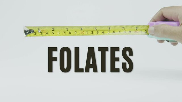 "Folates" text with a tape measure on a white background, symbolizing precision, accuracy, and measurement in a clean, minimal style