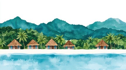 Obraz premium A serene beach scene featuring tropical huts surrounded by palm trees and mountains, all depicted in a vibrant watercolor style.