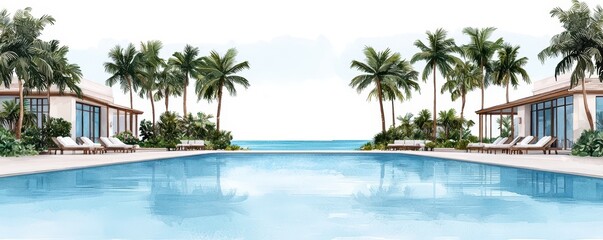 Fototapeta premium A tranquil resort scene featuring a serene pool framed by palm trees and beachside bungalows, evoking relaxation and escape.