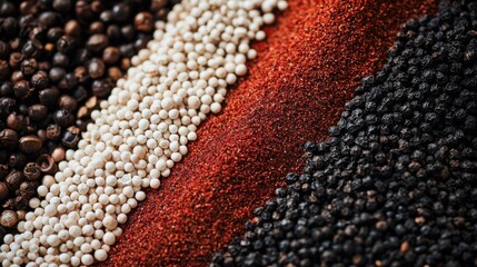 A close up of four different colored spices, including red, white, black and brown. The spices are spread out in a grid pattern