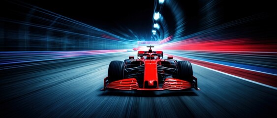 Naklejka premium Formula 1 race car captured in fast motion, red and blue energy trails streaking behind, adrenaline-filled dynamic composition with a sense of extreme speed.
