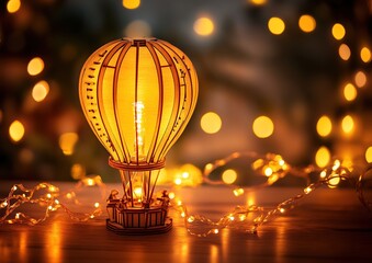 Wooden Hot Air Balloon Lamp Illuminates Festive Night with Warm Glow, Creates Cozy Atmosphere for Relaxation.