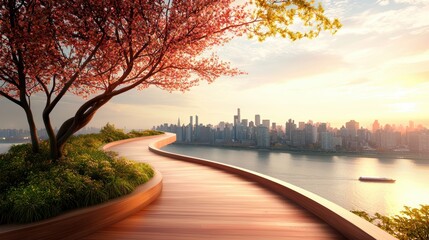 Fototapeta premium A pedestrian bridge spanning a river, offering panoramic views of the cityscape, with boats gliding along the water below.