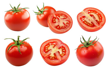 Tomatoes isolated. Tomato whole, cut, half, slice on transparent. Tomato with clipping path. Tomato set.