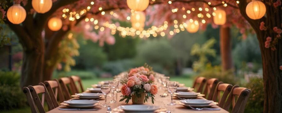 Blurry garden wedding background with fairy lights. Summer evening party table setting, plate arrangement with flowers decor outdoors. Celebration dining table event setting, soft colors, festive