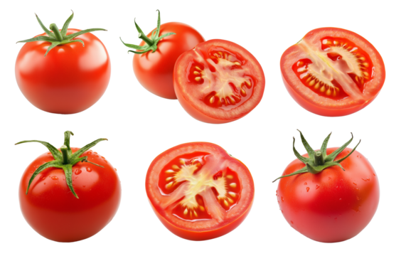 Tomatoes isolated. Tomato whole, cut, half, slice on transparent. Tomato with clipping path. Tomato set.