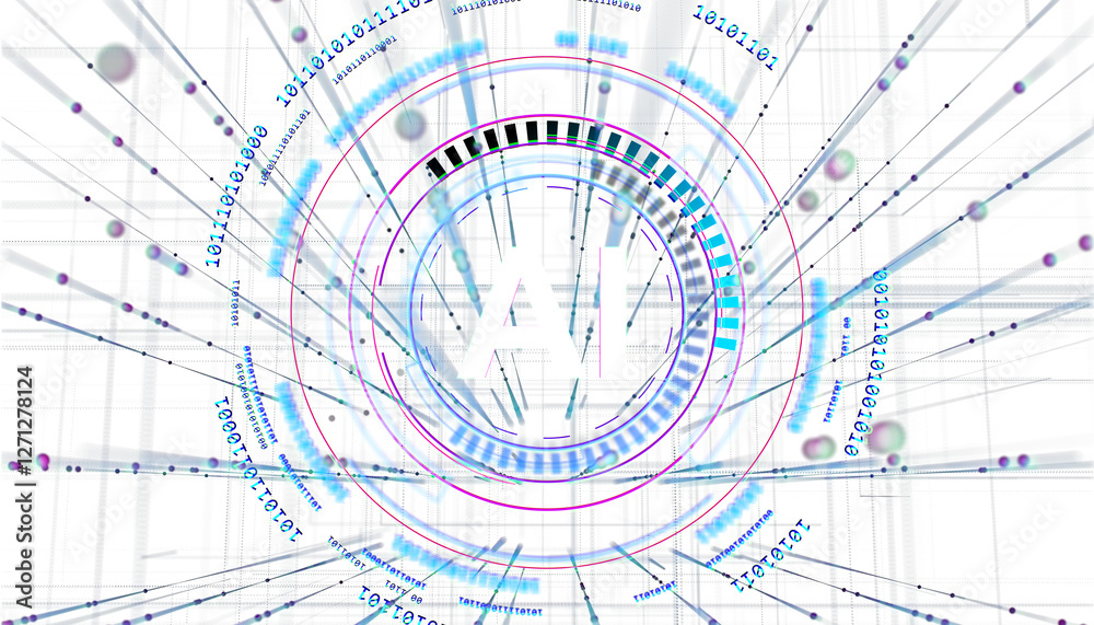 Leinwandbilder Abstract AI technology design with futuristic digital elements, binary code, and data visualization on a white background. Innovation concept. 3D Rendering.