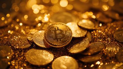 Golden coins with prominent cryptocurrency symbol are scattered among shimmering gold dust, creating luxurious and vibrant atmosphere