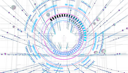 Abstract digital data cloud concept with futuristic circular interface, binary code, and network connections on a bright background. 3D Rendering
