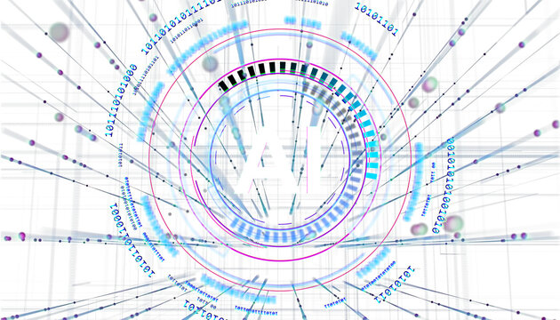 Abstract AI technology design with futuristic digital elements, binary code, and data visualization on a white background. Innovation concept. 3D Rendering.