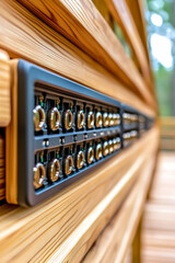 Outdoor audio interface on wooden deck, forest background